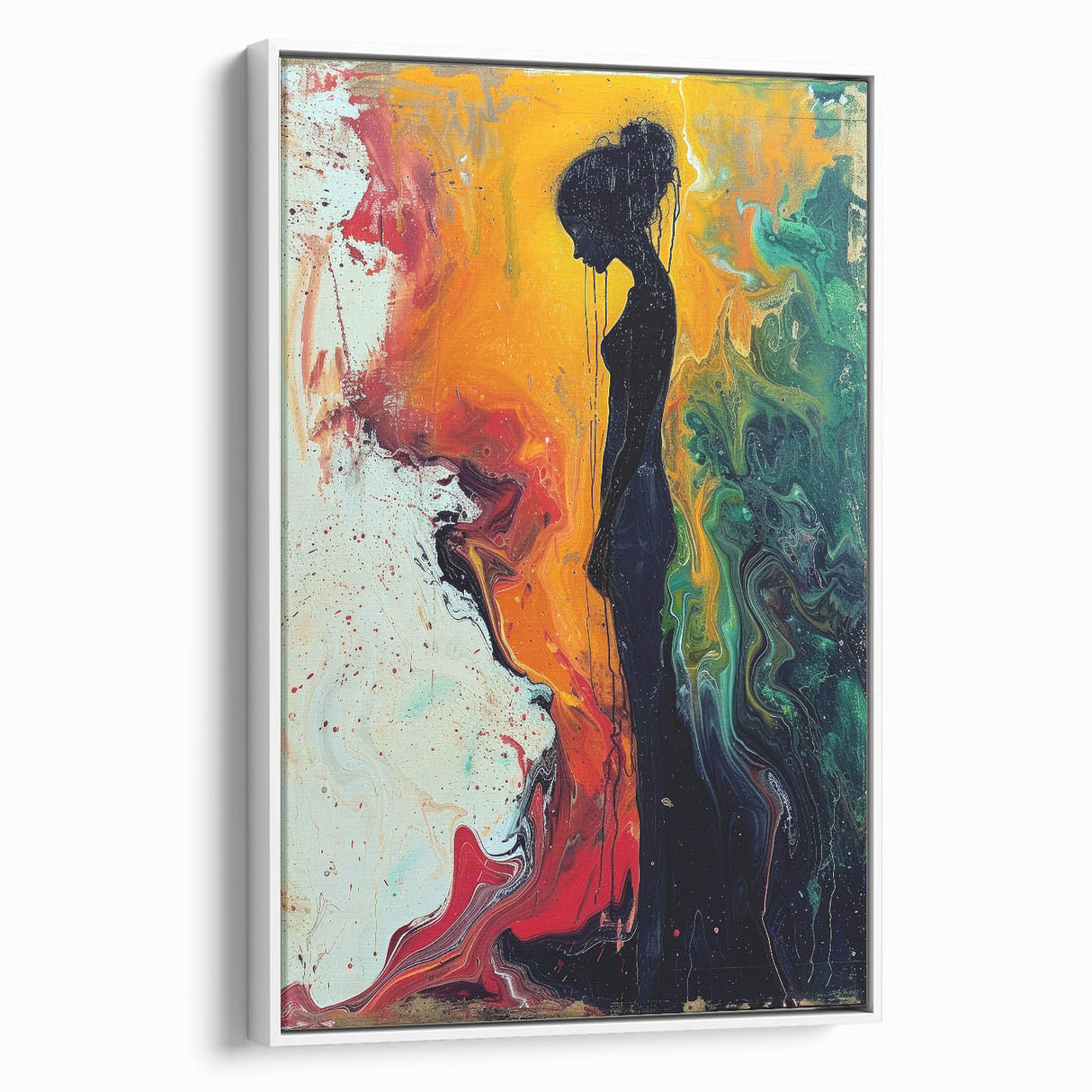 Framed abstract figurative wall art featuring a dynamic design in muted tones, showcasing a three-dimensional look against a white backdrop.