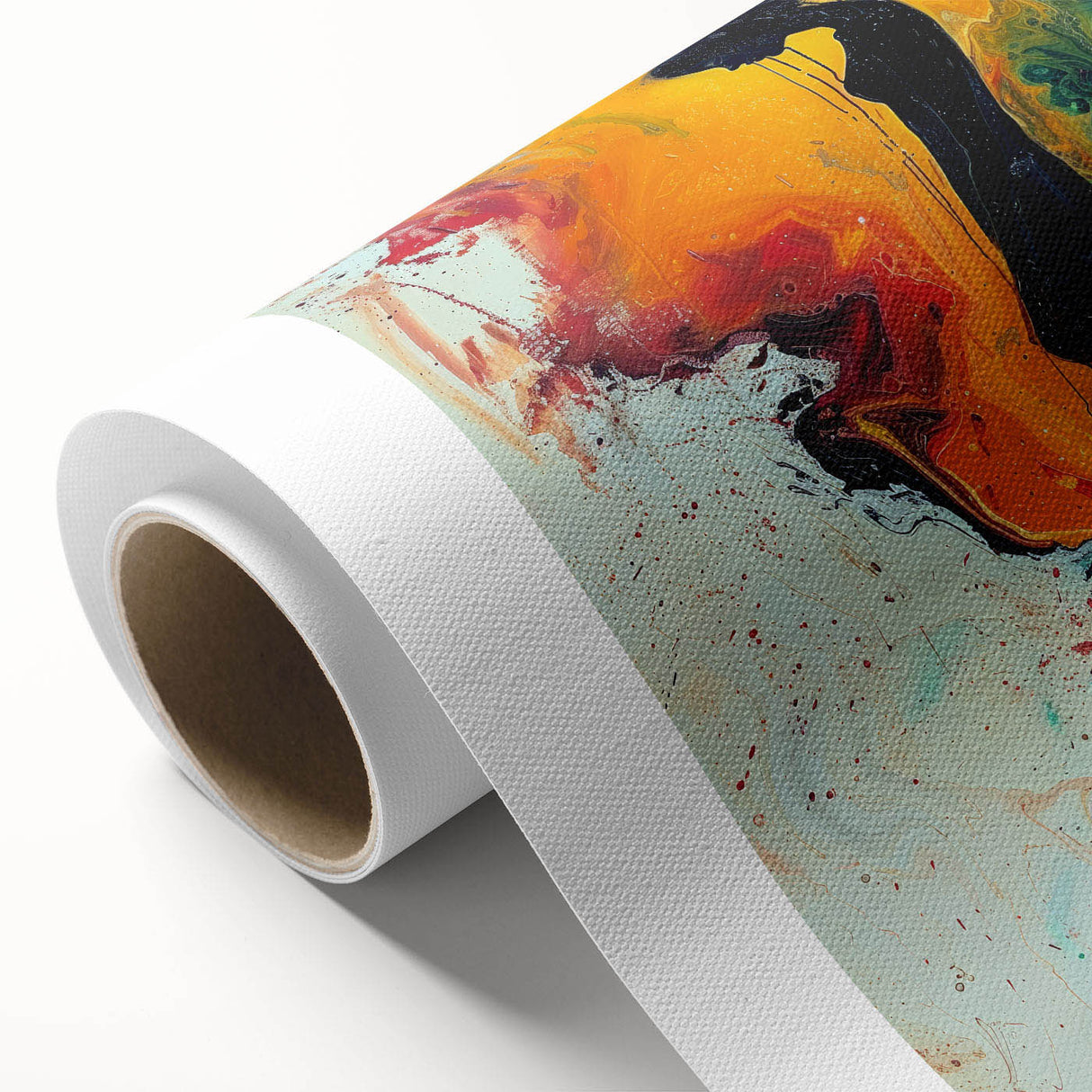 Abstract figurative wall art on rolled canvas showcasing vibrant colors and dynamic shapes, ideal for modern home décor and artistic expression.