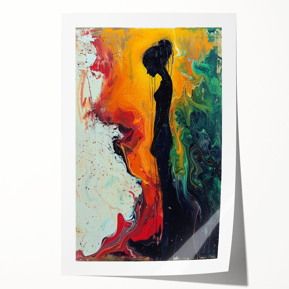 Abstract figurative wall art print showcasing vibrant colors and dynamic shapes, rolled for easy framing and display in modern interiors.