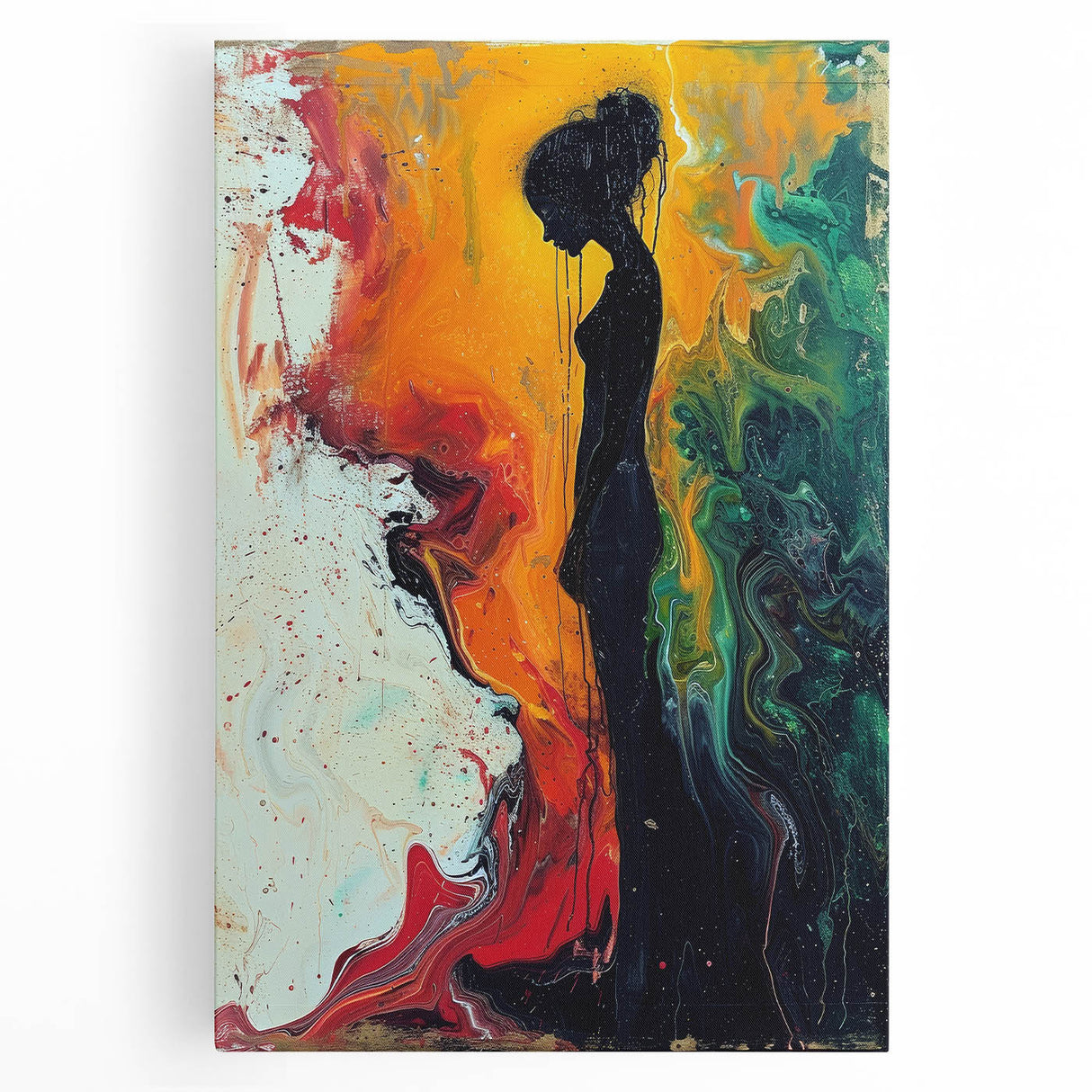 Vibrant abstract figurative wall art on stretched canvas showcasing bold colors and dynamic shapes, perfect for modern home decor.