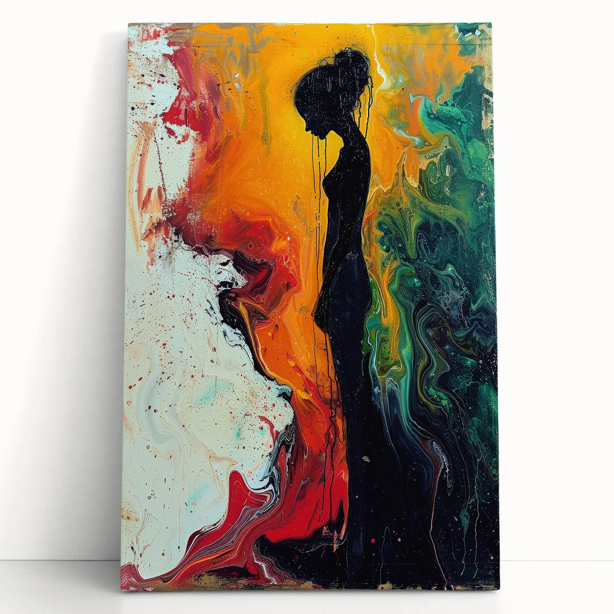 Abstract figurative wall art design on stretched canvas, showcasing vibrant colors and dynamic shapes, perfect for modern home decor.