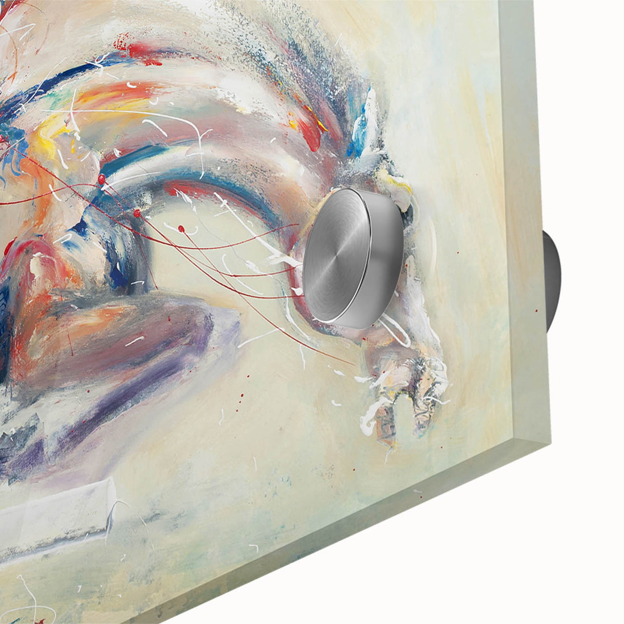 Close-up of a vibrant abstract figurative wall art piece, showcasing bold colors and fluid shapes on acrylic glass, perfect for modern decor.