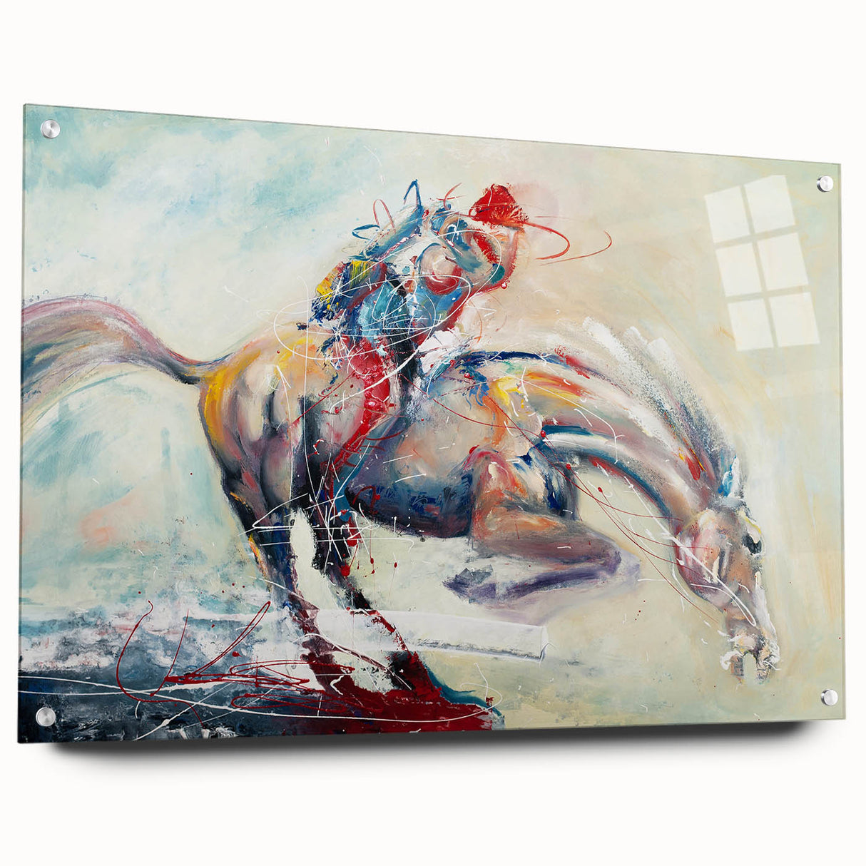 Abstract figurative wall art collection displayed in acrylic glass, showcasing vibrant colors and dynamic shapes, mounted with stylish pins.