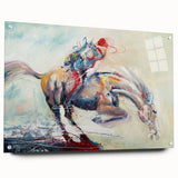 Abstract figurative wall art collection displayed in acrylic glass, showcasing vibrant colors and dynamic shapes, mounted with stylish pins.