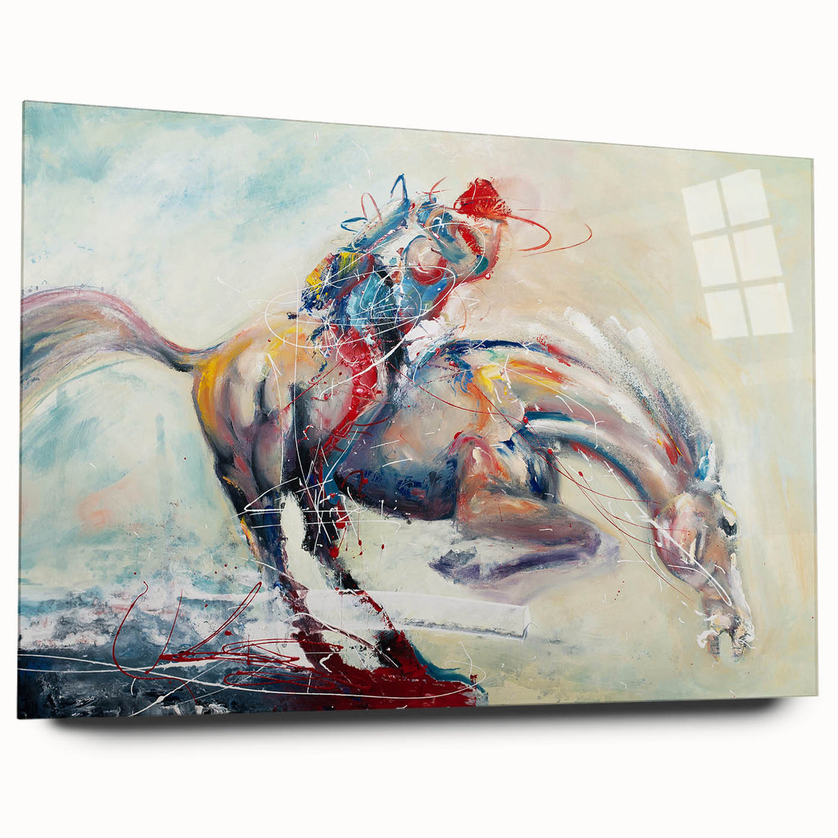 Abstract figurative wall art design displayed in acrylic glass, showcasing vibrant colors and modern shapes from a side view, perfect for contemporary decor.