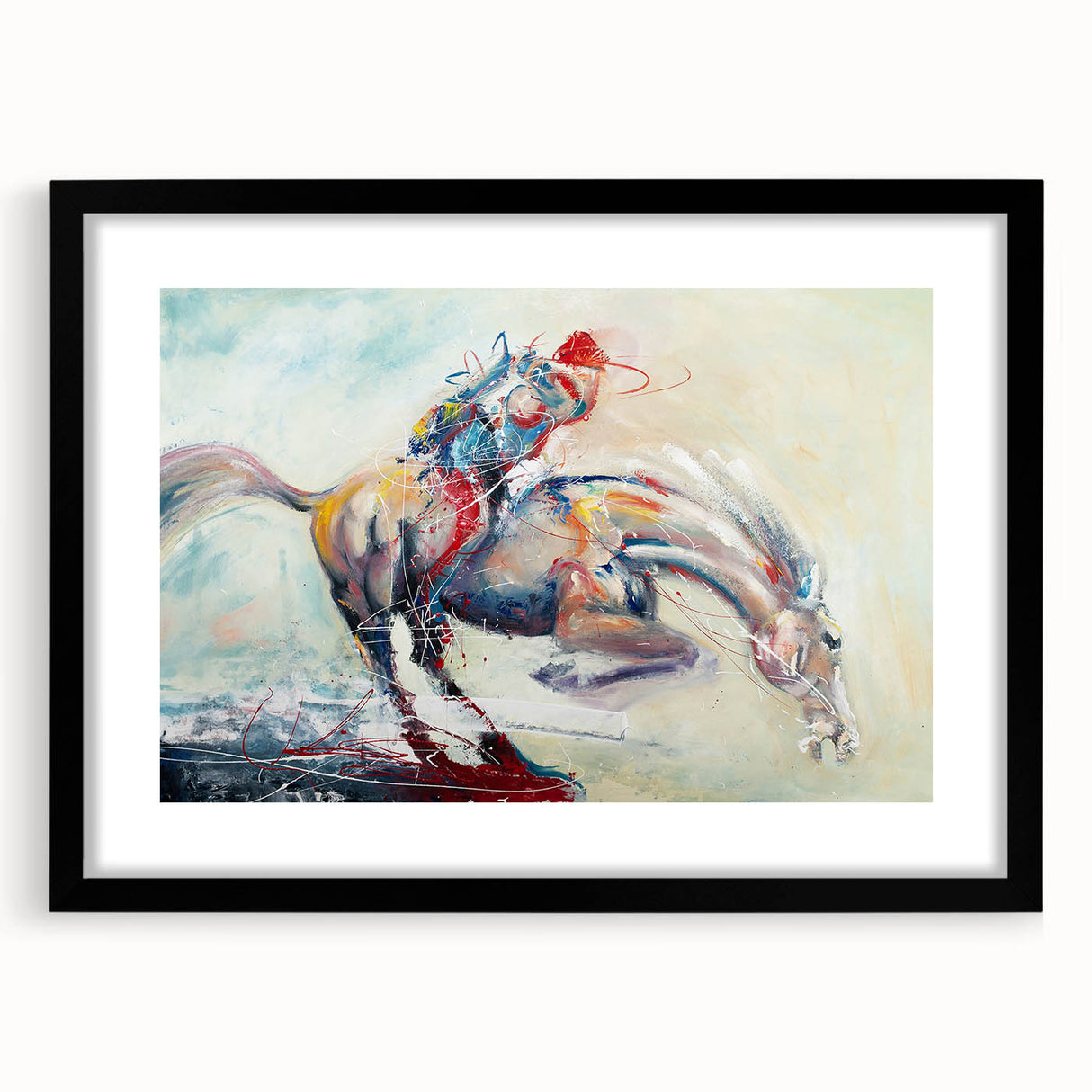 Abstract figurative wall art collection featuring a modern black frame, showcasing vibrant colors and unique shapes, ideal for contemporary decor.