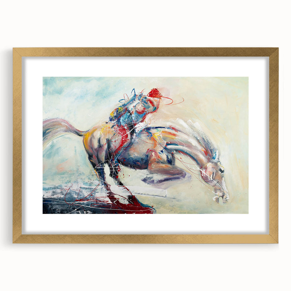 Framed abstract figurative wall art design showcasing vibrant colors and unique shapes in a gold frame with a mat, ideal for modern decor.
