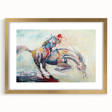 Framed abstract figurative wall art design showcasing vibrant colors and unique shapes in a gold frame with a mat, ideal for modern decor.