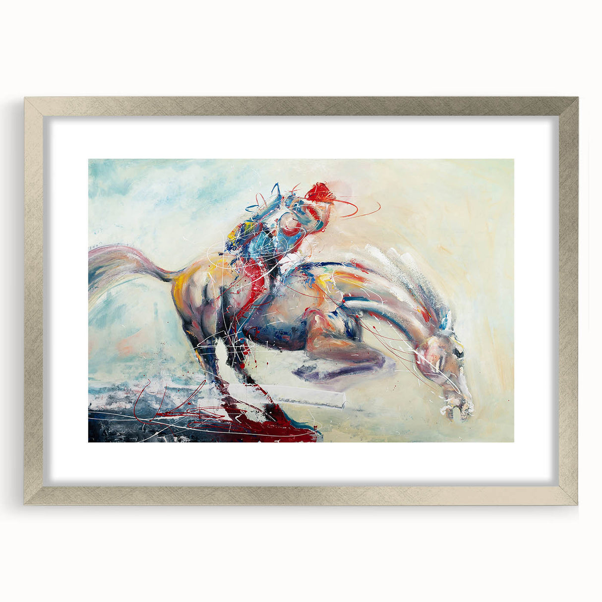 Framed abstract figurative wall art design in a silver mat and frame, showcasing vibrant colors and modern artistic elements perfect for contemporary decor.