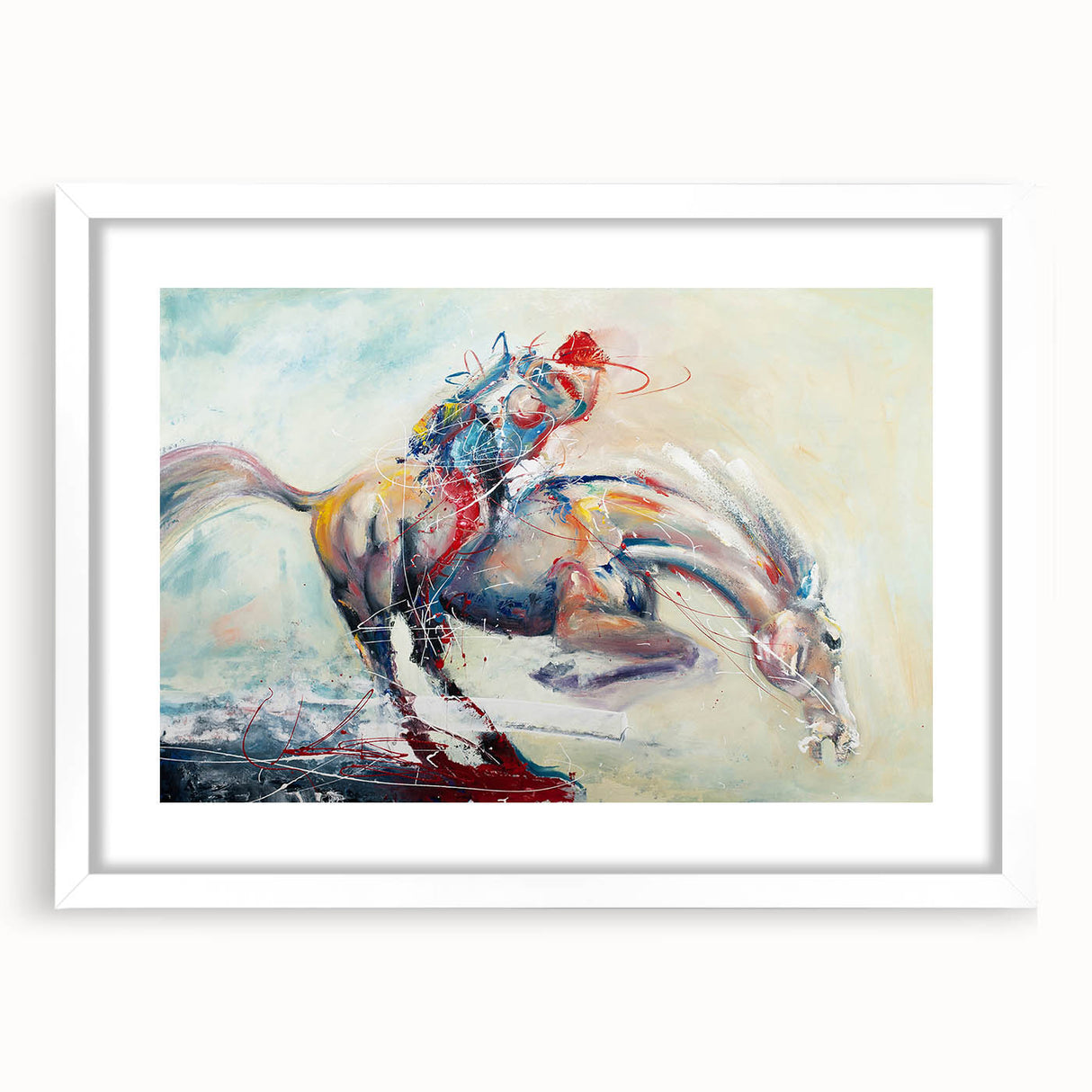 Abstract figurative wall art design in a white frame with mat, showcasing vibrant colors and modern patterns, perfect for contemporary decor.