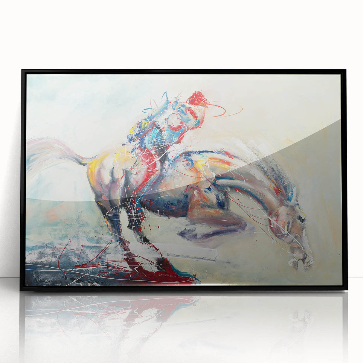 Framed abstract figurative wall art design in a black frame, showcasing dynamic shapes and vibrant colors for modern decor.