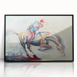Framed abstract figurative wall art design in a black frame, showcasing dynamic shapes and vibrant colors for modern decor.