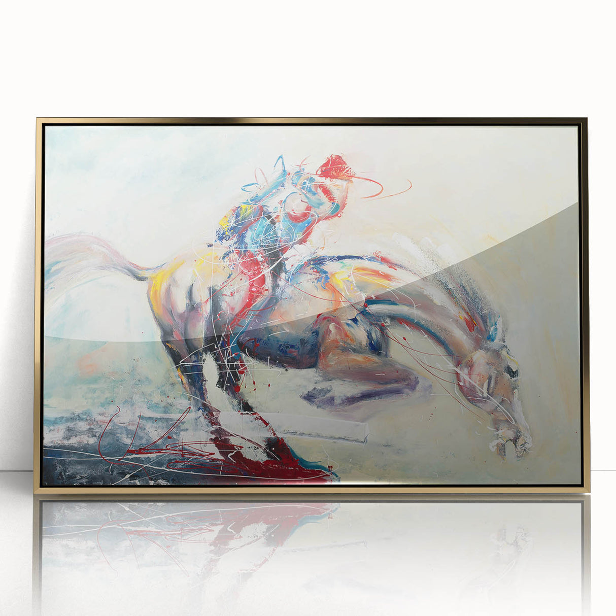 Framed abstract figurative wall art with a gold acrylic design, showcasing fluid shapes and modern aesthetics, perfect for contemporary decor.