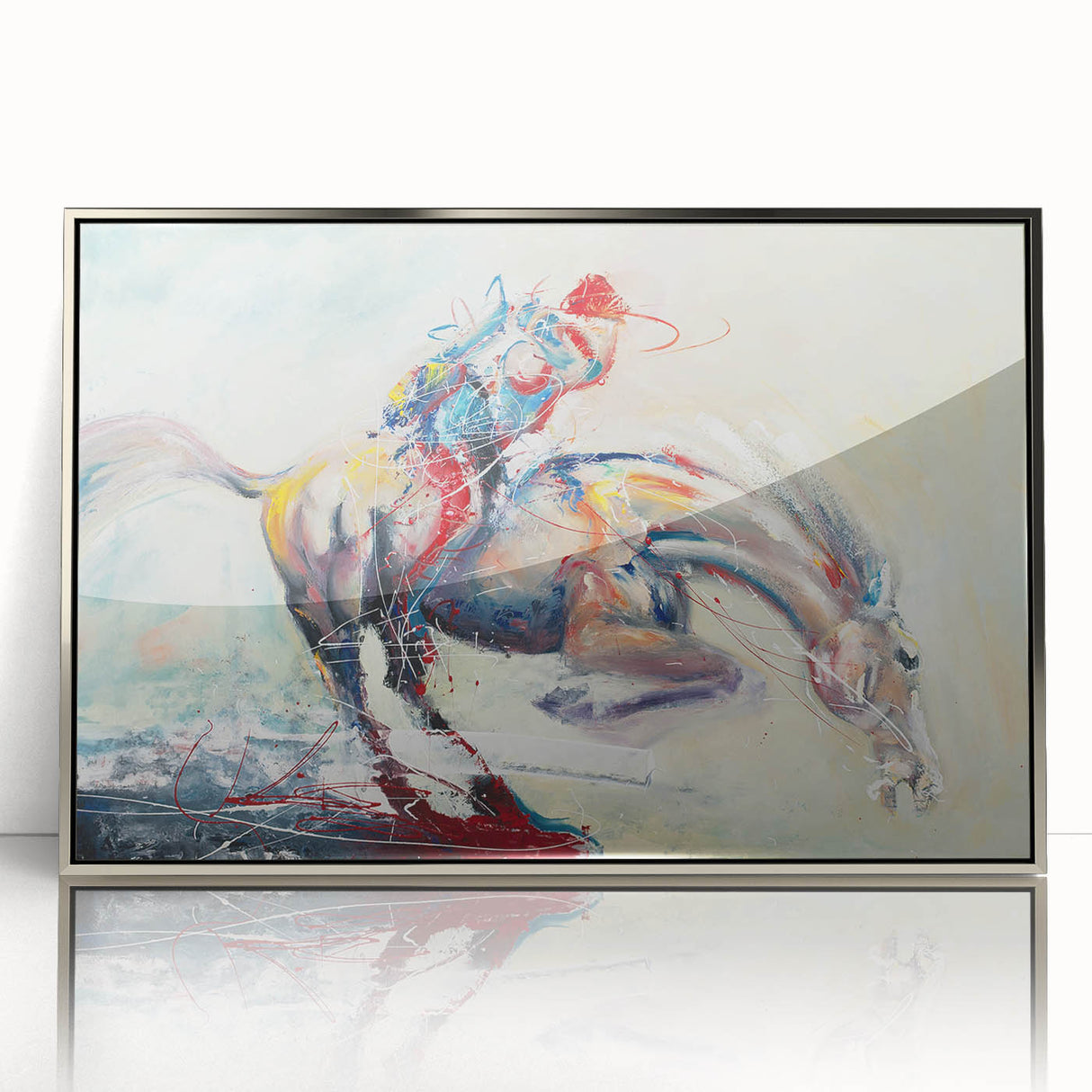 Framed abstract figurative wall art in silver tones, showcasing modern design elements and a sleek front view, perfect for contemporary decor.