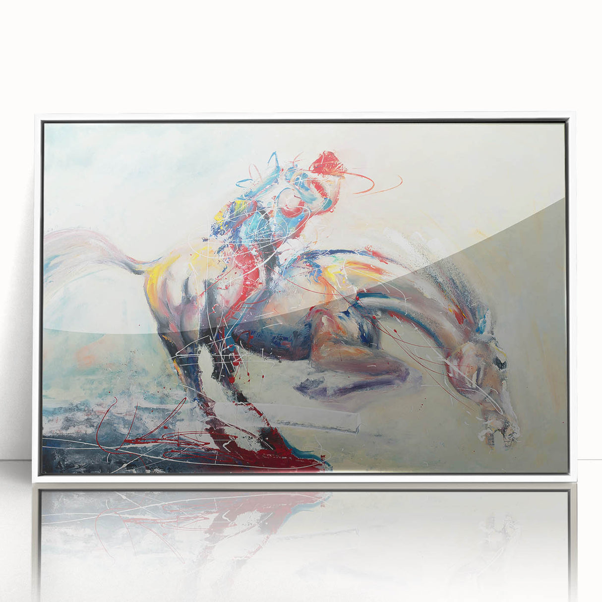 Framed abstract figurative wall art in a white frame, showcasing vibrant colors and unique shapes that enhance modern interior decor.