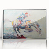 Framed abstract figurative wall art in a white frame, showcasing vibrant colors and unique shapes that enhance modern interior decor.