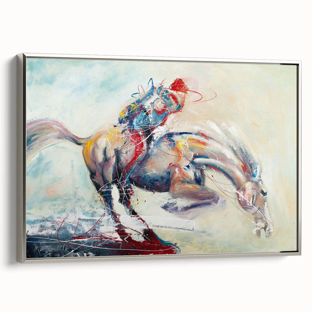 Framed abstract figurative wall art in silver showcasing dynamic shapes and fluid lines, perfect for modern home decor accents.