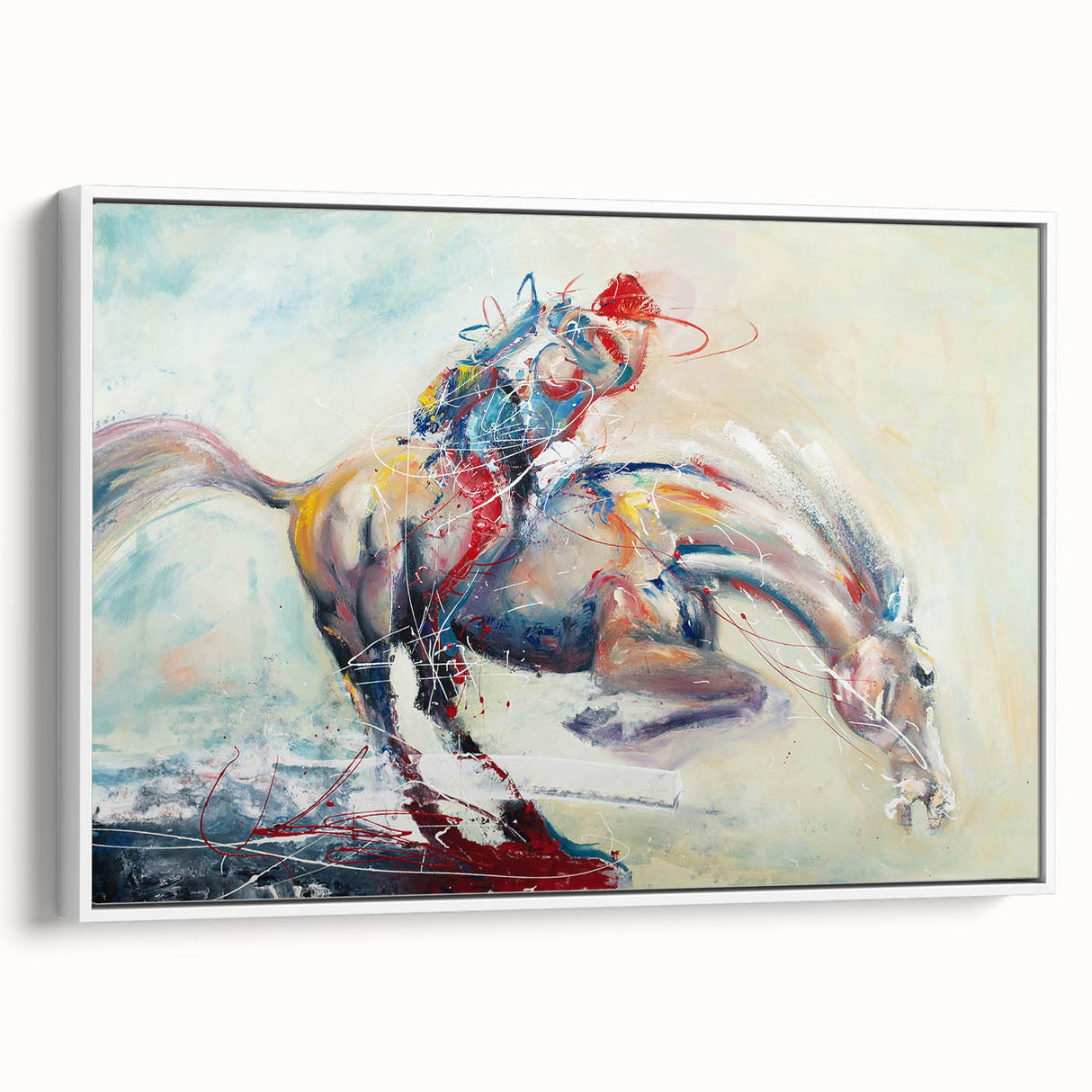 Framed abstract figurative wall art collection showcasing a modern design in a white frame, featuring vibrant colors and fluid shapes.