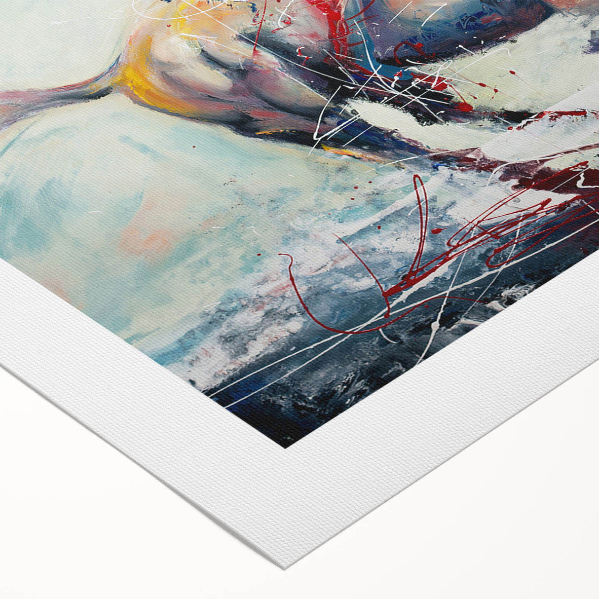Abstract figurative design wall art on rolled canvas, showcasing vibrant colors and dynamic shapes, ideal for modern home decor.