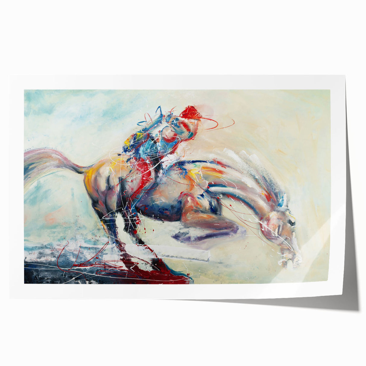 Abstract figurative wall art print showcasing vibrant colors and dynamic shapes, rolled for delivery in a protective cardboard tube.