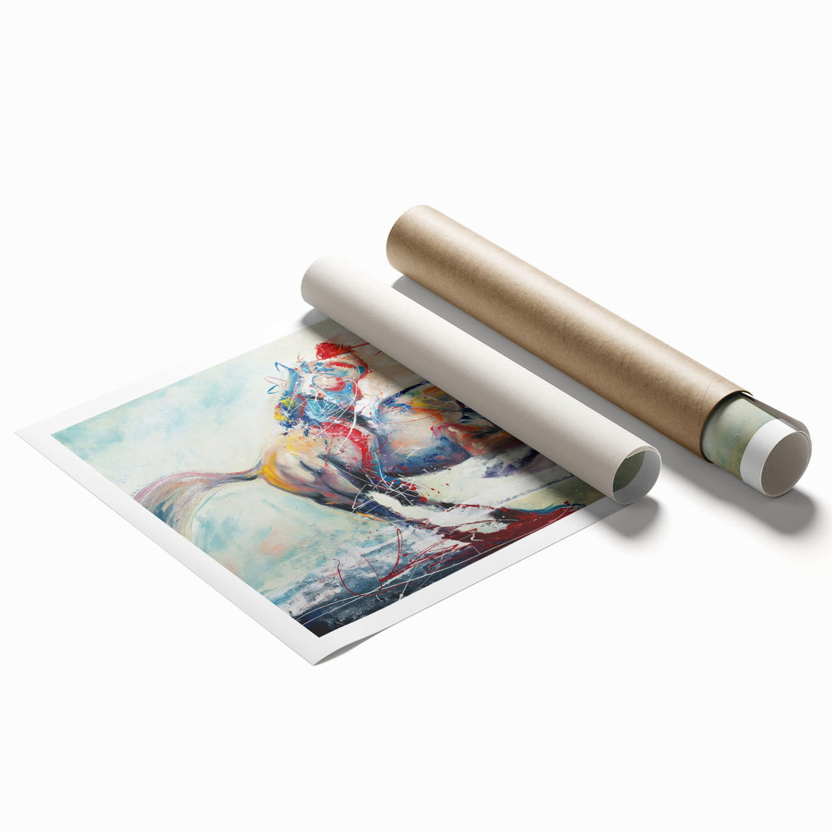 Abstract figurative wall art print showcasing vibrant colors and dynamic shapes, perfect for modern home decor and artistic expression.