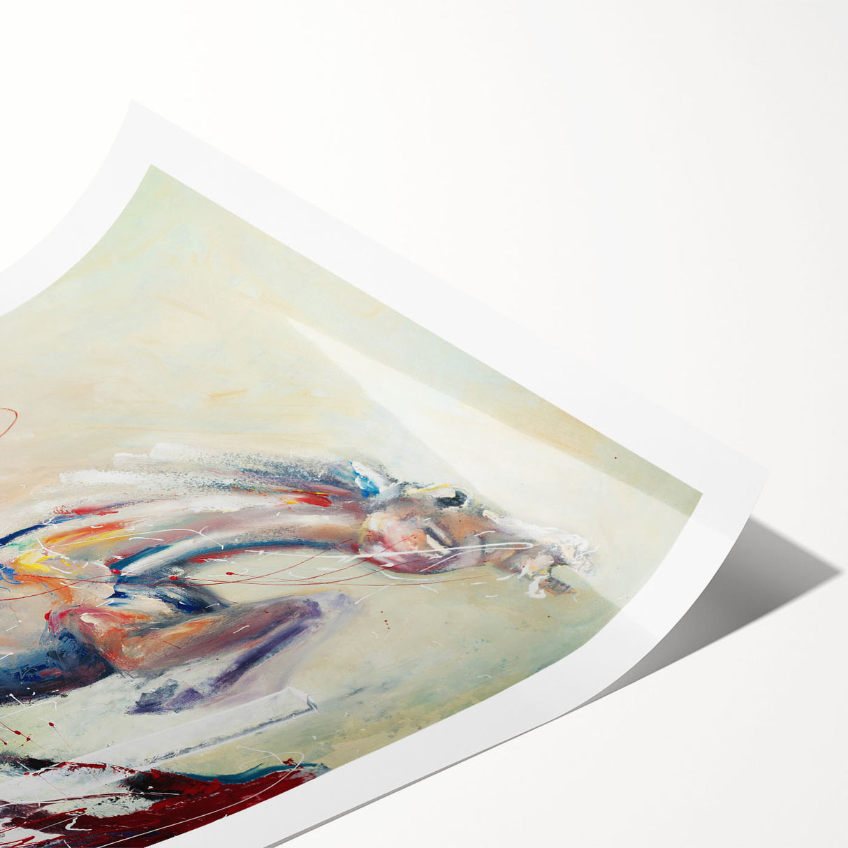 Abstract figurative wall art print showcasing vibrant colors and flowing shapes, perfect for modern decor, rolled for easy framing.