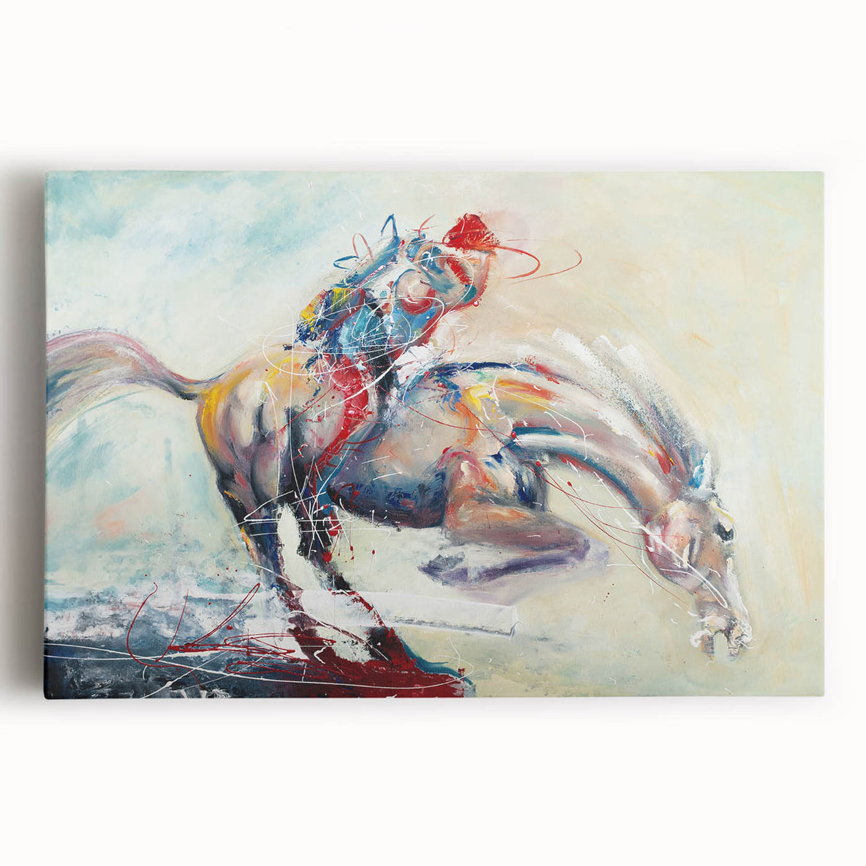 Abstract figurative wall art design on stretched canvas, showcasing vibrant colors and dynamic shapes, perfect for modern home decor.