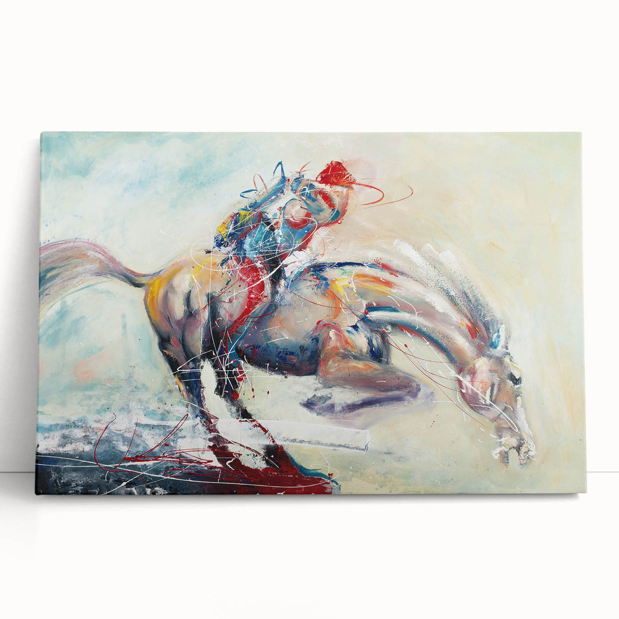Abstract figurative wall art collection on stretched canvas, showcasing vibrant colors and dynamic shapes, perfect for modern home decor.