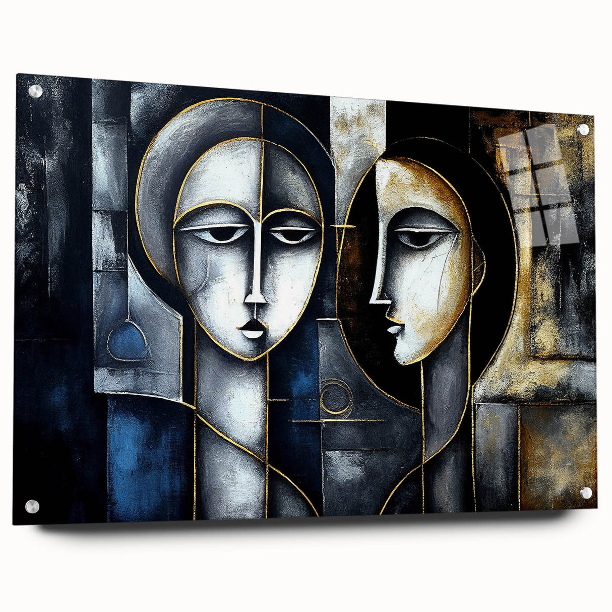 Abstract figurative wall art design in acrylic glass, showcasing vibrant colors and unique patterns, displayed with stylish pins on a white wall.