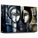 Abstract figurative wall art design in acrylic glass, showcasing vibrant colors and unique patterns, displayed with stylish pins on a white wall.