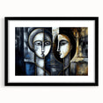Abstract figurative wall art design in a black frame with mat, showcasing vibrant colors and unique shapes, perfect for modern decor.