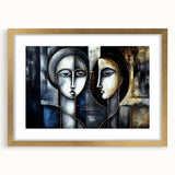 Abstract figurative wall art in gold frame showcasing vibrant colors and dynamic shapes, perfect for modern decor and enhancing interior spaces.