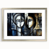Framed abstract figurative wall art design in a silver frame, showcasing vibrant colors and dynamic shapes, ideal for modern decor.