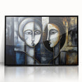 Framed abstract figurative wall art featuring a dynamic design in vibrant colors, showcasing a contemporary aesthetic with a sleek black frame.