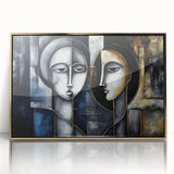 Framed abstract figurative wall art in gold tones, showcasing a modern design with fluid shapes, perfect for contemporary decor.