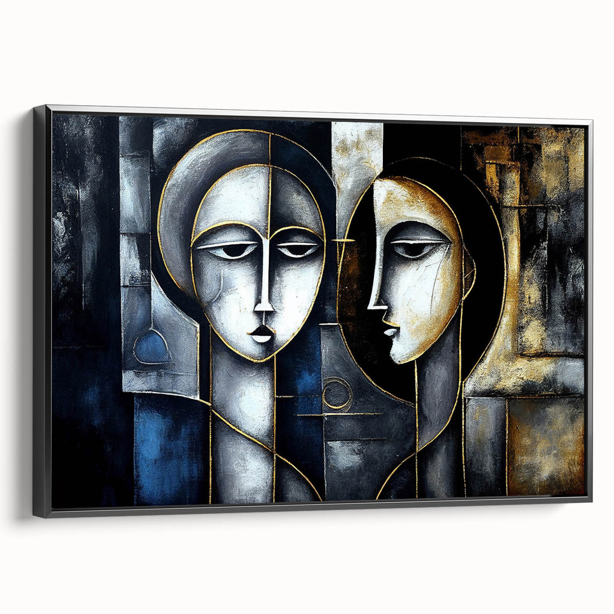 Framed abstract figurative wall art in black, showcasing dynamic shapes and bold colors, ideal for modern home decor and artistic expression.