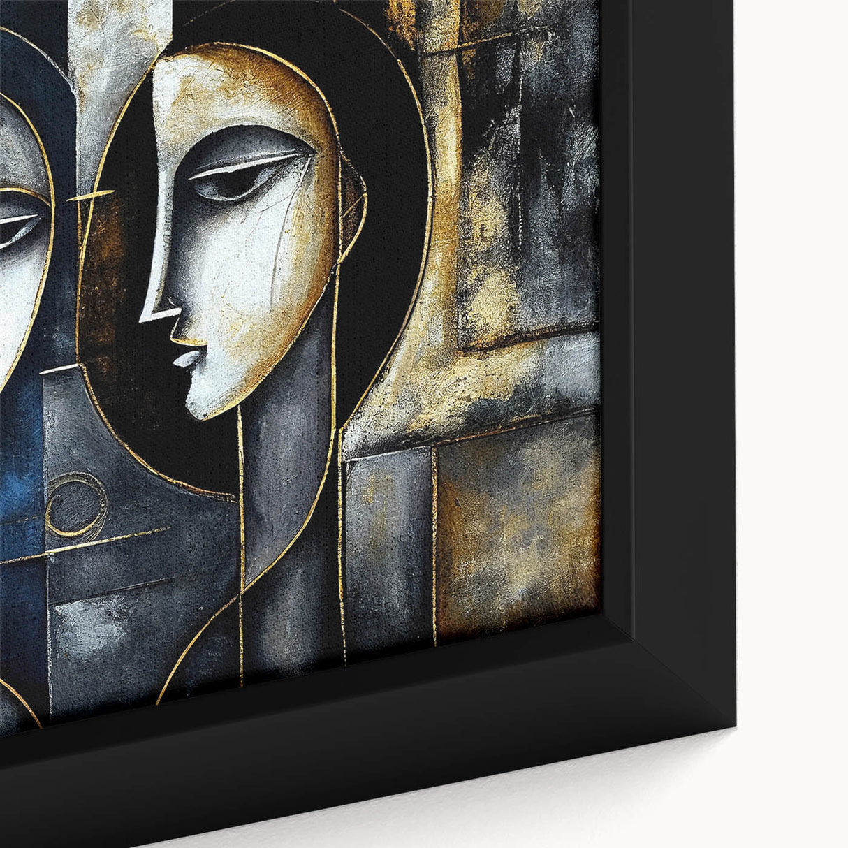 Close-up of abstract figurative wall art print showcasing vibrant colors and dynamic shapes, elegantly framed for modern decor.