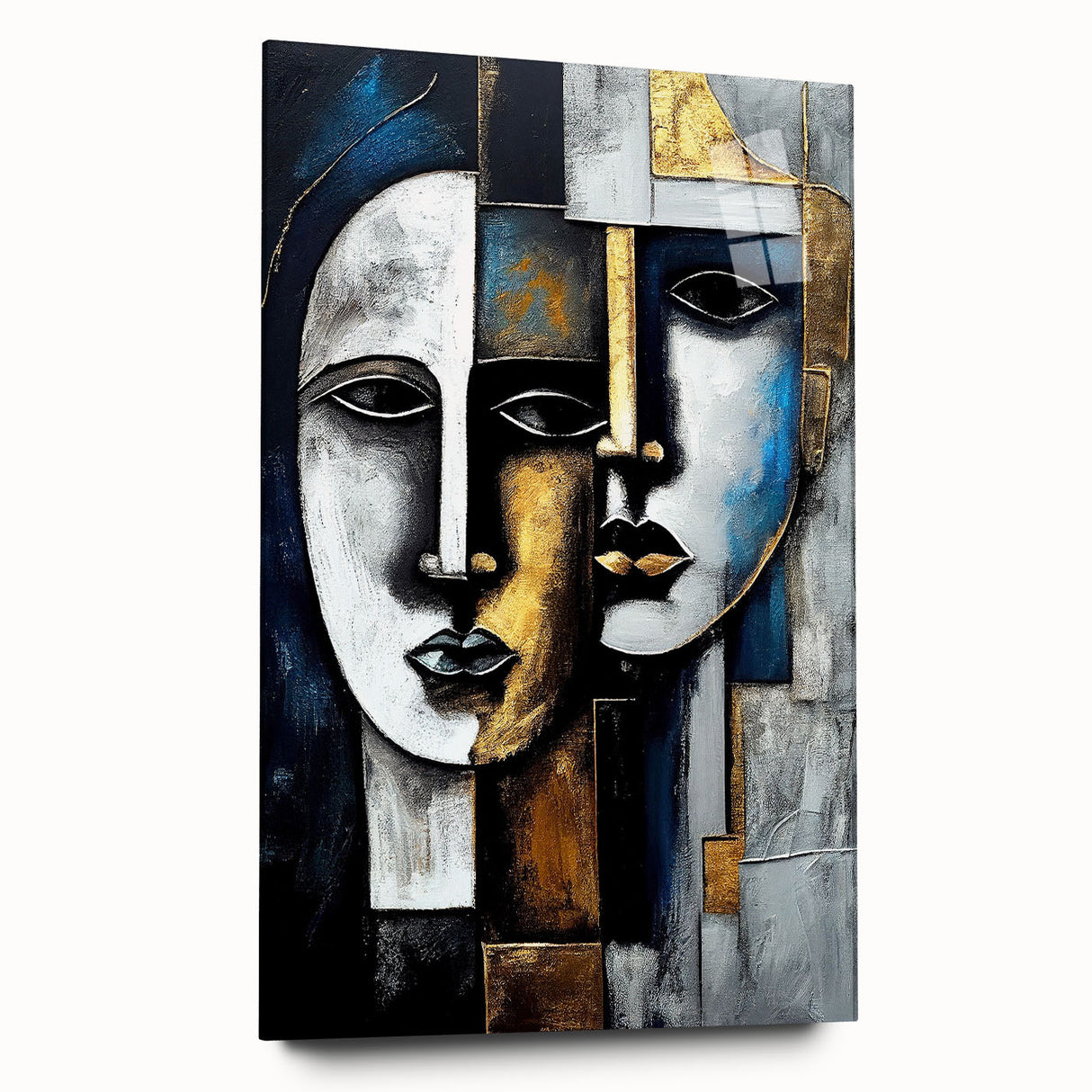Acrylic glass wall art collection featuring an abstract figurative design in vibrant colors, displayed in a sleek side view without pins, ideal for modern decor.