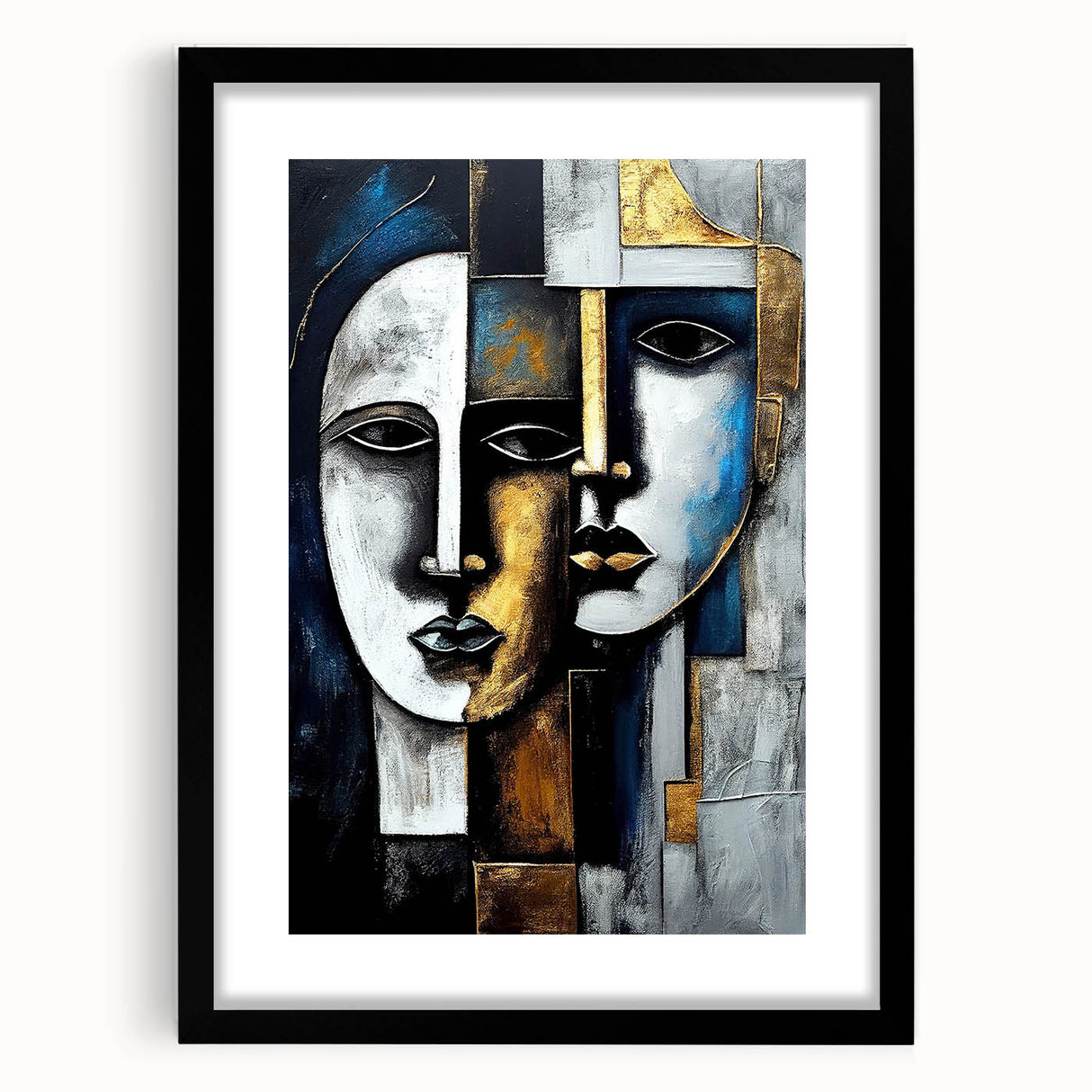 Framed abstract figurative wall art with a black mat and sleek black frame, showcasing vibrant colors and dynamic shapes, perfect for modern decor.