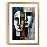 Abstract figurative wall art design featuring vibrant colors and dynamic shapes, elegantly framed in gold with a white mat for a sophisticated look.