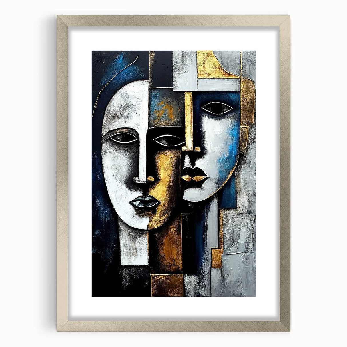 Framed abstract figurative wall art in a silver frame, featuring vibrant colors and dynamic shapes, perfect for modern decor.