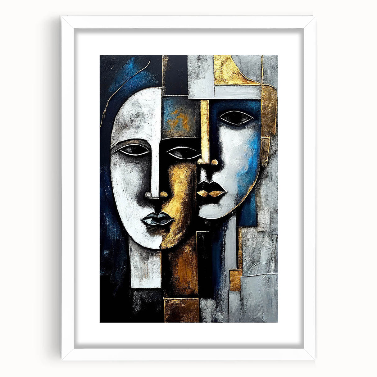 Framed abstract figurative wall art piece showcasing vibrant colors and dynamic shapes, set in a sleek white mat and frame, perfect for modern decor.