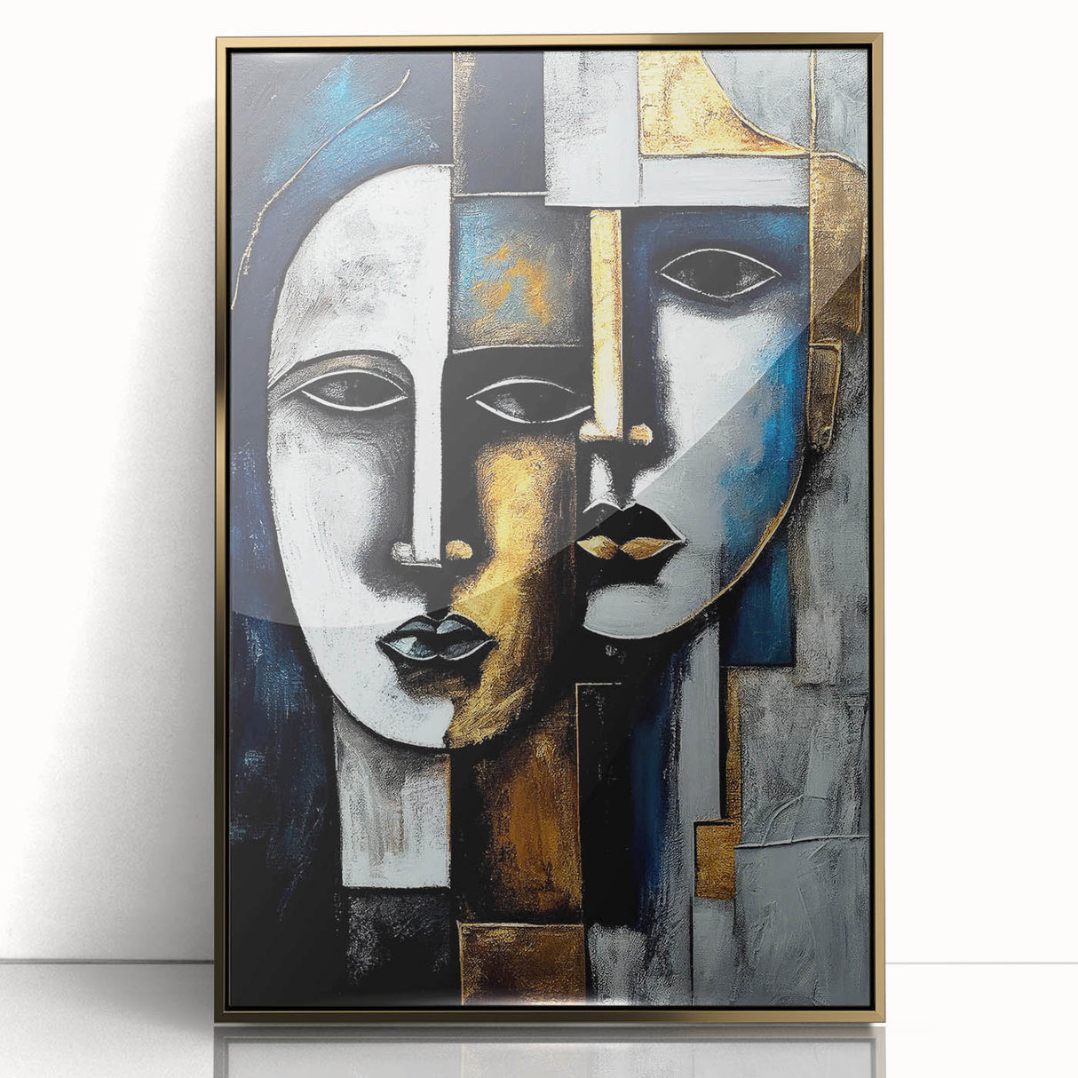 Framed abstract figurative wall art collection featuring a gold-acrylic design with elegant lines and shapes, enhancing modern decor.