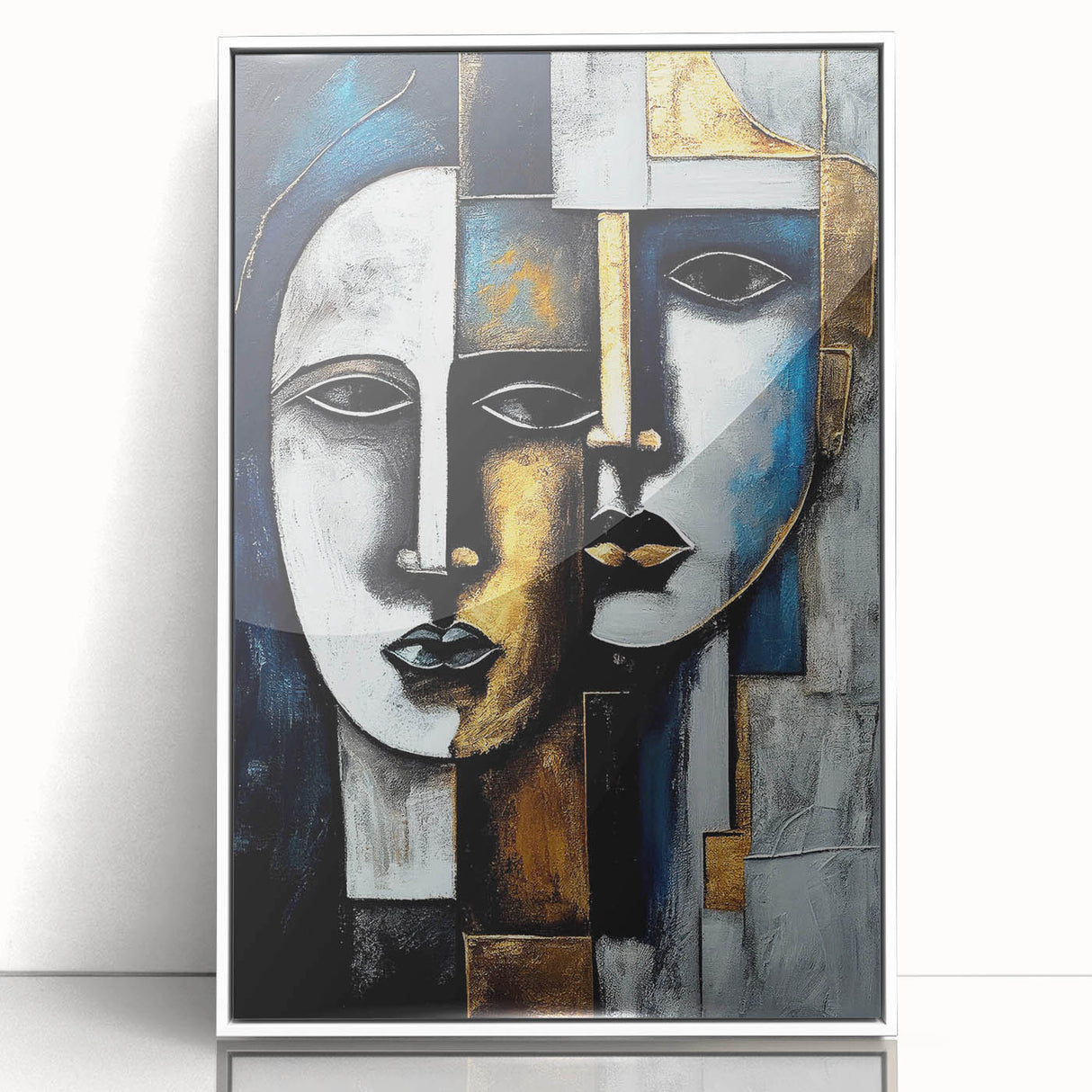 Framed abstract figurative wall art in white frame, showcasing vibrant colors and dynamic shapes, perfect for modern decor.