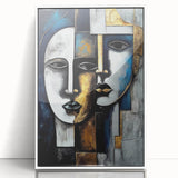 Framed abstract figurative wall art in white frame, showcasing vibrant colors and dynamic shapes, perfect for modern decor.