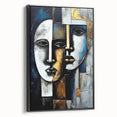 Framed abstract figurative wall art showcasing a vibrant design in bold colors, displayed from a side view with a sleek black frame.