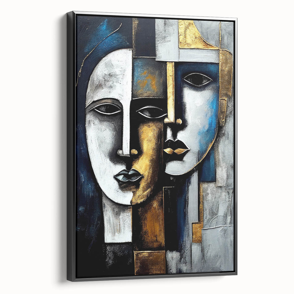 Framed abstract figurative wall art showcasing a vibrant design in bold colors, displayed from a side view with a sleek black frame.