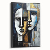 Framed abstract figurative wall art showcasing a vibrant design in bold colors, displayed from a side view with a sleek black frame.