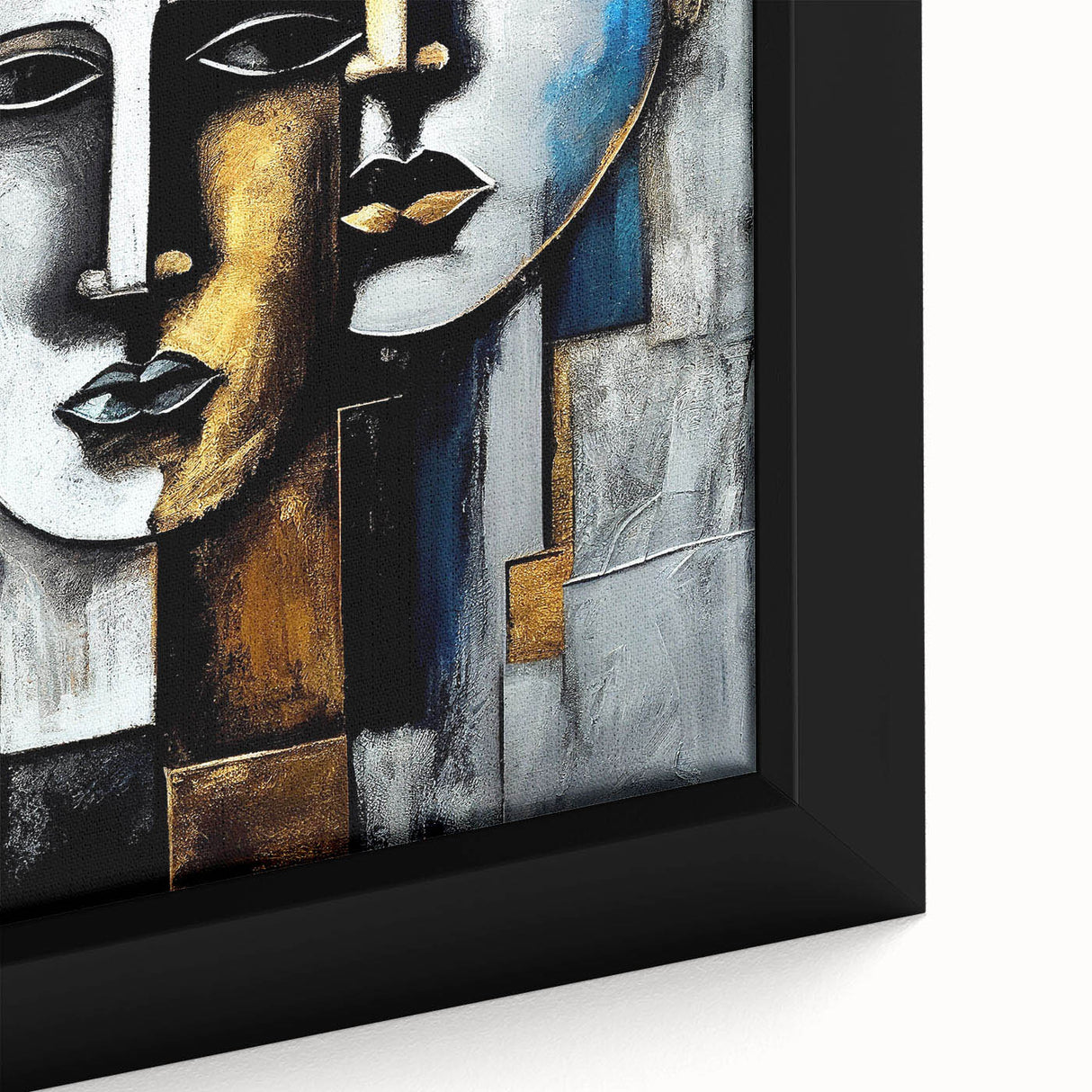 Close-up of a framed abstract figurative wall art piece showcasing vibrant colors and dynamic shapes, perfect for modern home decor.