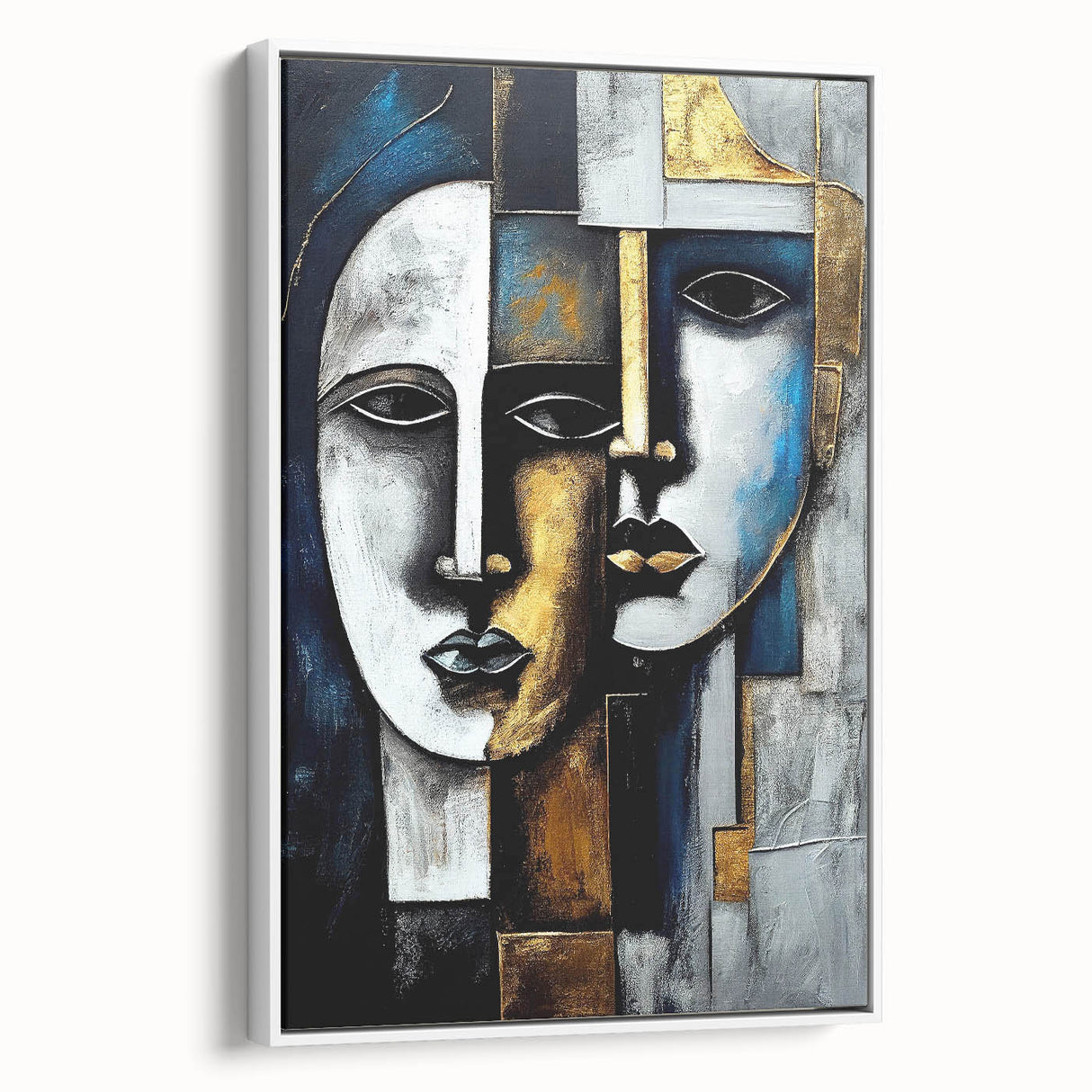 Framed abstract figurative wall art in a sleek white frame, showcasing vibrant colors and dynamic shapes, ideal for modern home decor.